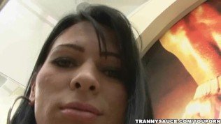 Busty tranny babe pole dances and tugs on her cock
